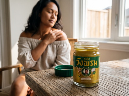 Application du baume Hot Gold Formula sur l'épaule