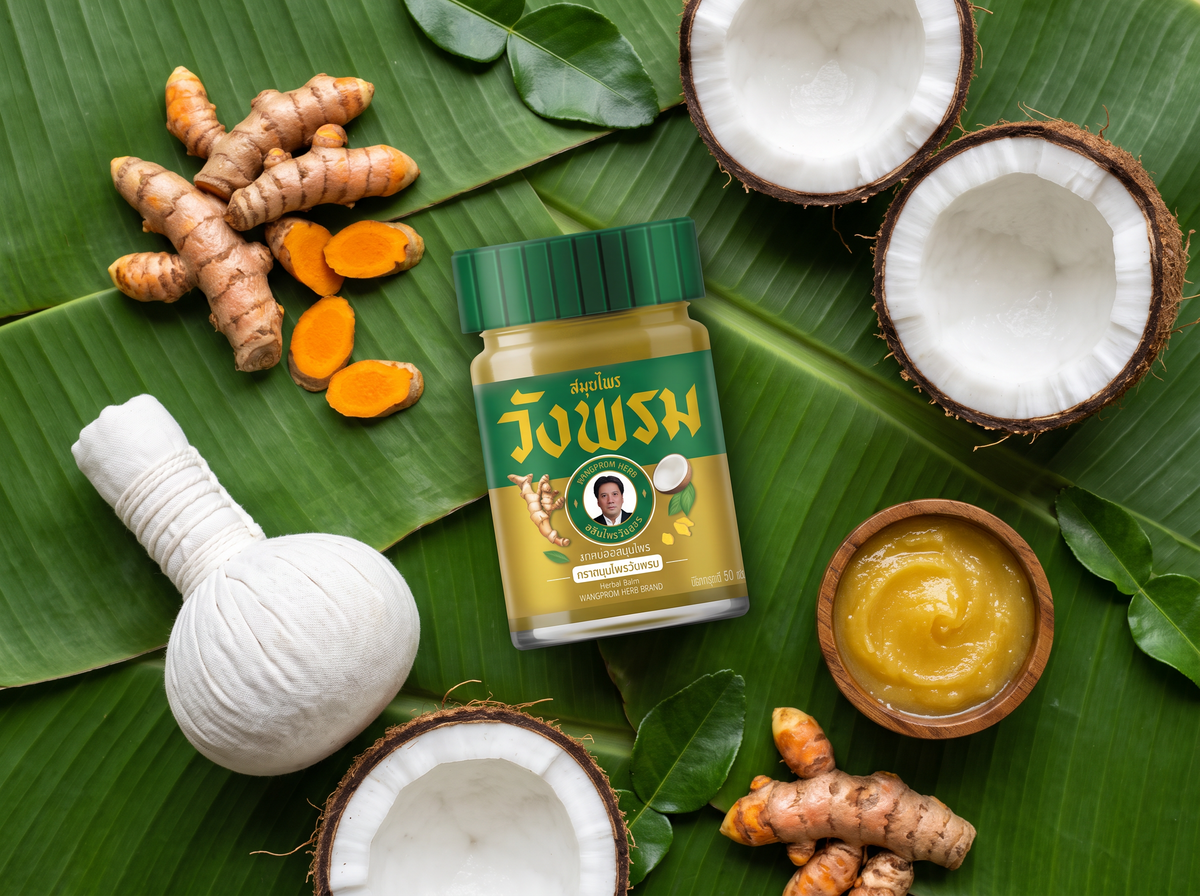 Baume Hot Gold Formula entouré de curcuma, noix de coco et feuilles de combava